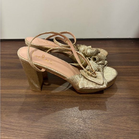 Lulus Lilsa Gold Metallic Bow Platform Ankle Strap Heels - Picture 3 of 6